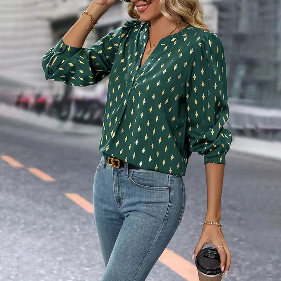 Plus Size Long Sleeve V Neck Printed Elegant Blouses For Women Dressy Casual Casual Youth Blouses Woman Blusas Para Mujer