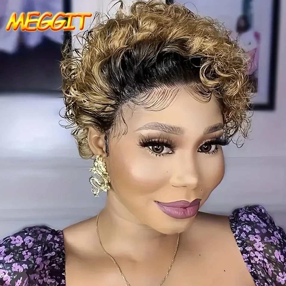 

Meggit Pixie Cut Wig Colored Lace Wig Spring Curl Short Bob Human Hair Wig for Women 13X1 Wig 6Inch 150%密度