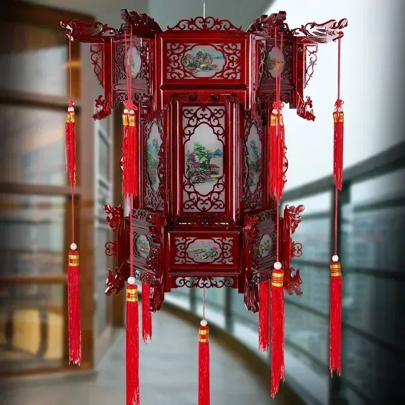 

Palace Lantern Carved Wooden Chinese Lantern Balcony Hexagonal Red Housewarming Outdoor Antique Decoracion China Tradicional 랜턴