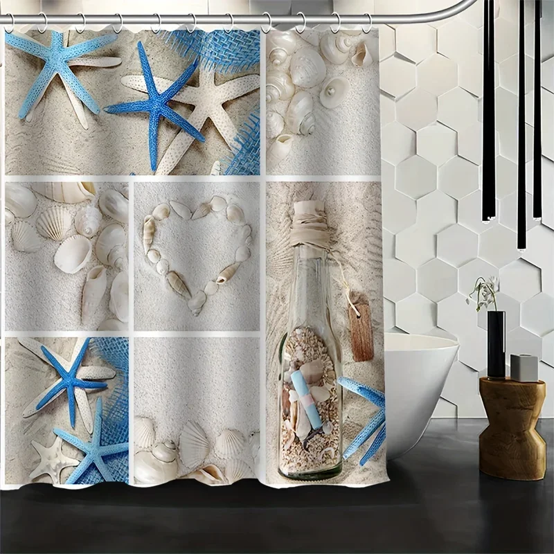 1Pc Ocean Theme Beach Shower Curtain, Sea Shell Starfish Fabric Decorative Bathroom Curtain, Bathroom Accessories Decoration