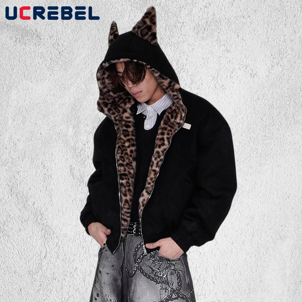 

Замшевая стеганая куртка с леопардовым принтом, мужская зимняя толстая уличная стеганая куртка с длинными рукавами и капюшоном, мужская верхняя одежда