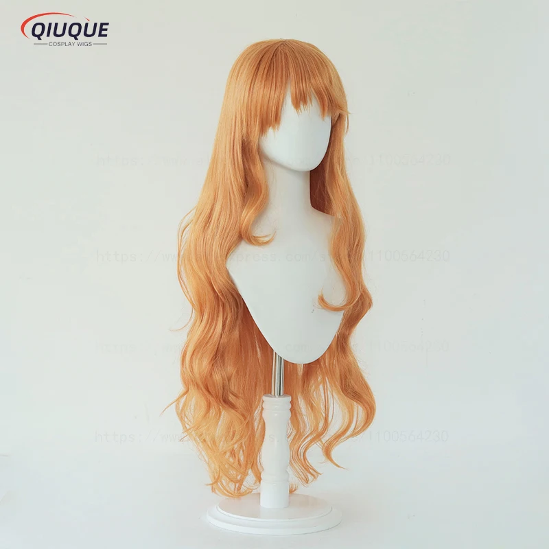 Hochwertige Nami-Cosplay-Perücke für Erwachsene, 75 cm lang, lockig, gewellt, orange, hitzebeständiges Haar, Anime-Cosplay-Perücken + Perückenkappe