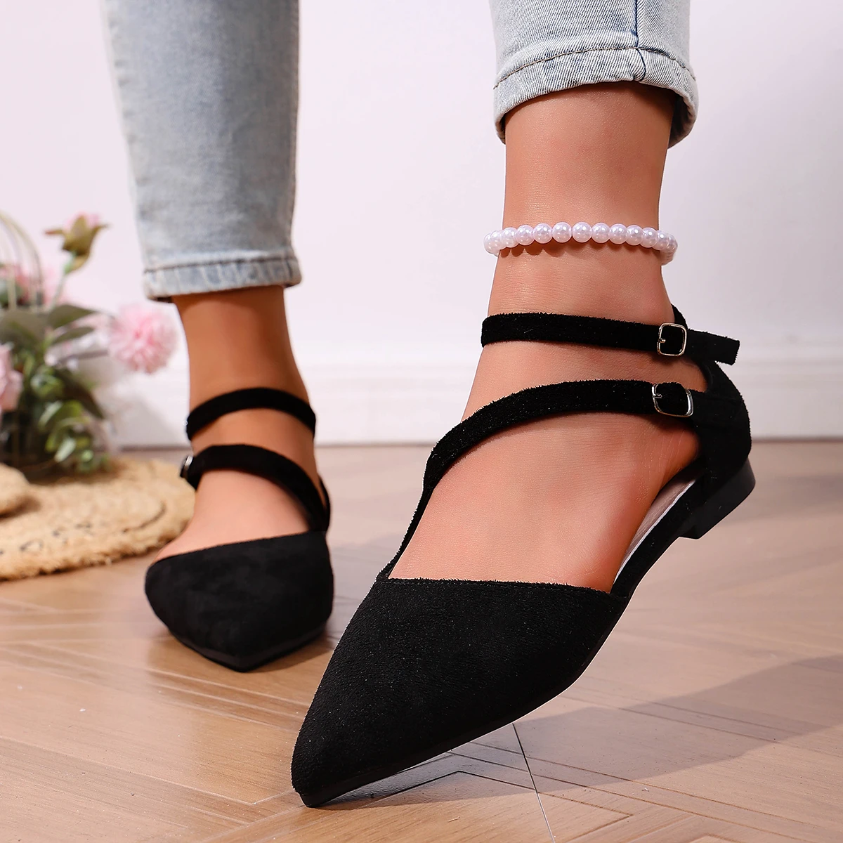 

Women Striped Pointed Toe Flats Mary Jane Shoes Female New Cross Strap Sandals Woman Flat Heels Casual Shoes Plus Size 43