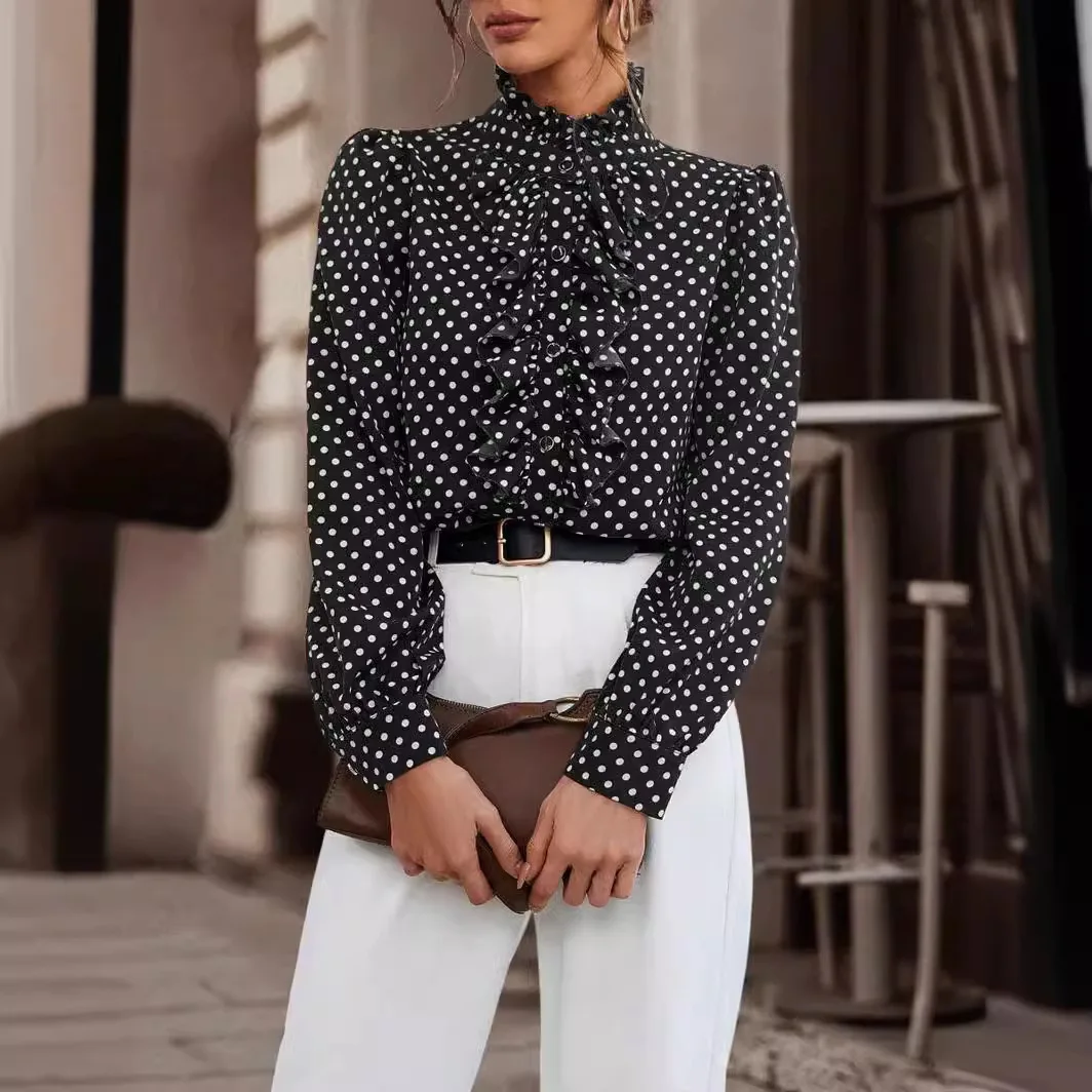 2024 Spring Summer Long Sleeve Button Shirt Fashion Polka Dot Print Ruffle Women Shirts Blouses Elegant Office Lady Casual Top