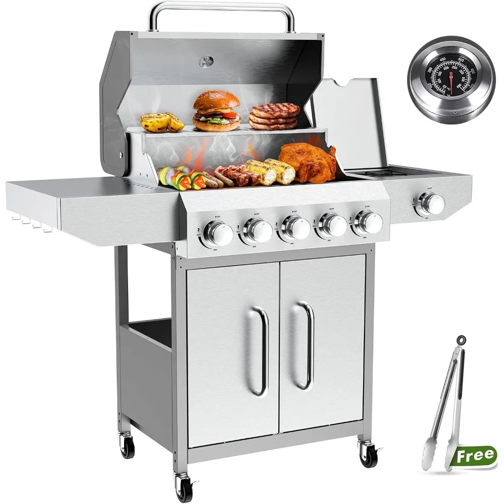 

Stainless Steel Propane Grill with 68,000 BTU, 5+1 Burners, 647 sq in Cooking Area, Upgraded Oil-Drain Plates, and Cast Iron Gra