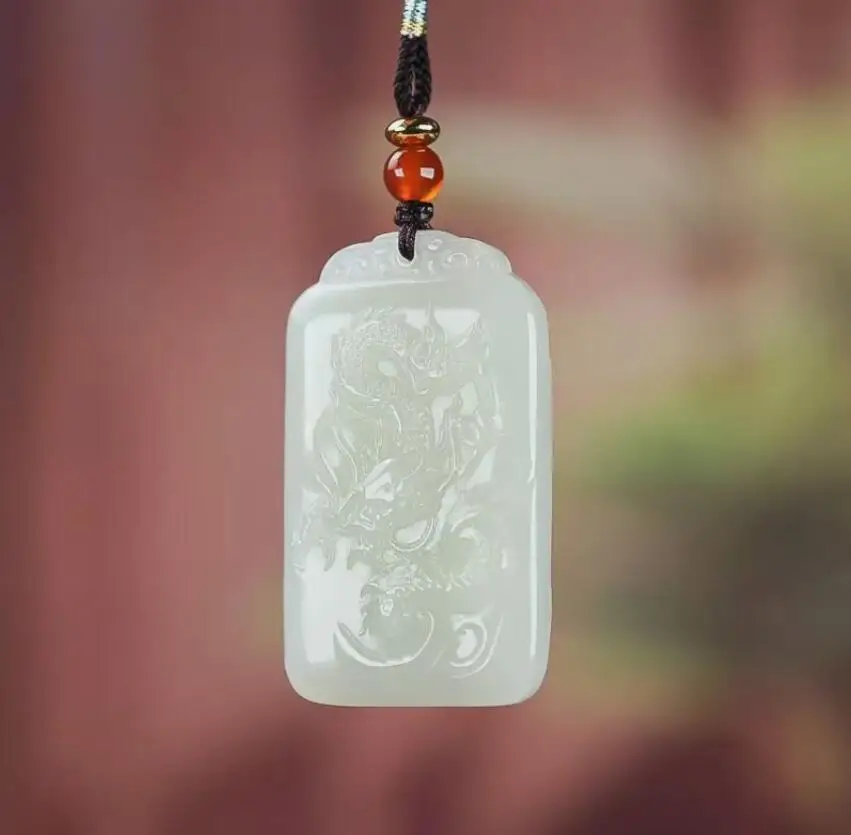 Chinese Natural white HeTian Jade jadeite Hand-Carved pendant Landscape Dragon