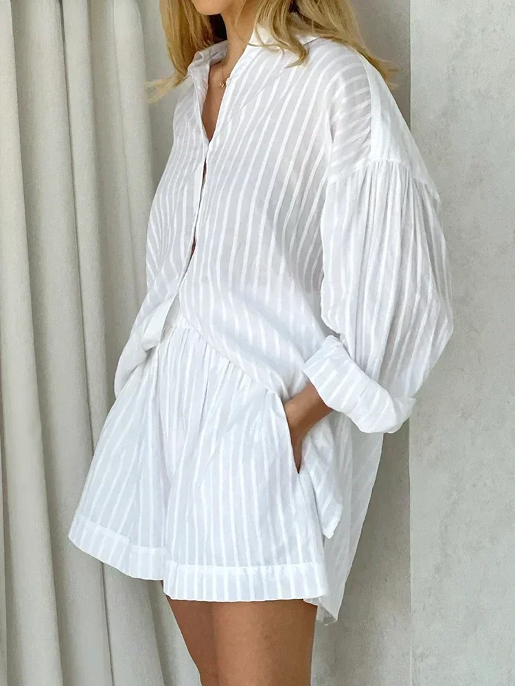 

Casual Shorts Sets Striped Jacquard 2 Pieces Cozy Lapel Lantern Sleeve Shirt Summer Outfit Elastic Waist Shorts Suits