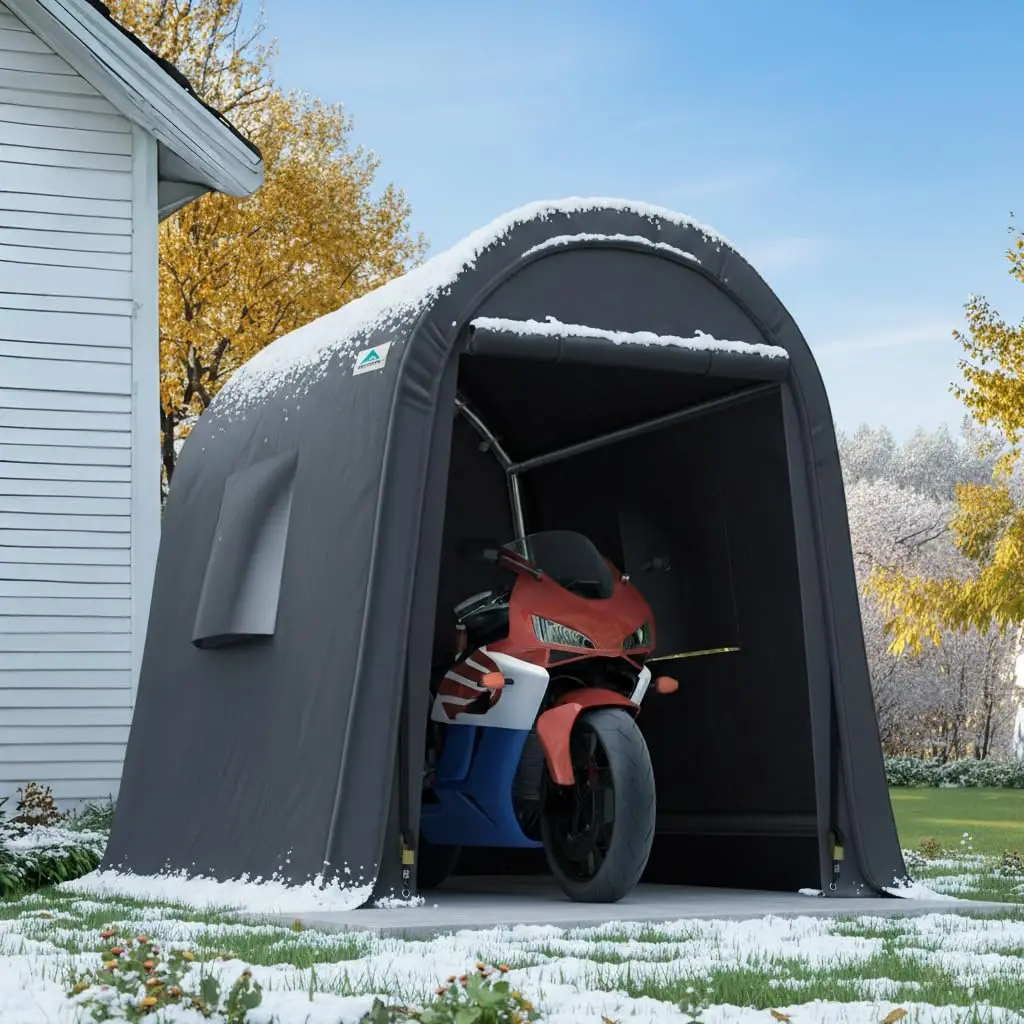 6x8ft Metal Shed Steel Round Peak Portable Garage Motorcycle Boat Tools Dual Roll-up Doors Vents,Dark Gray,Customized