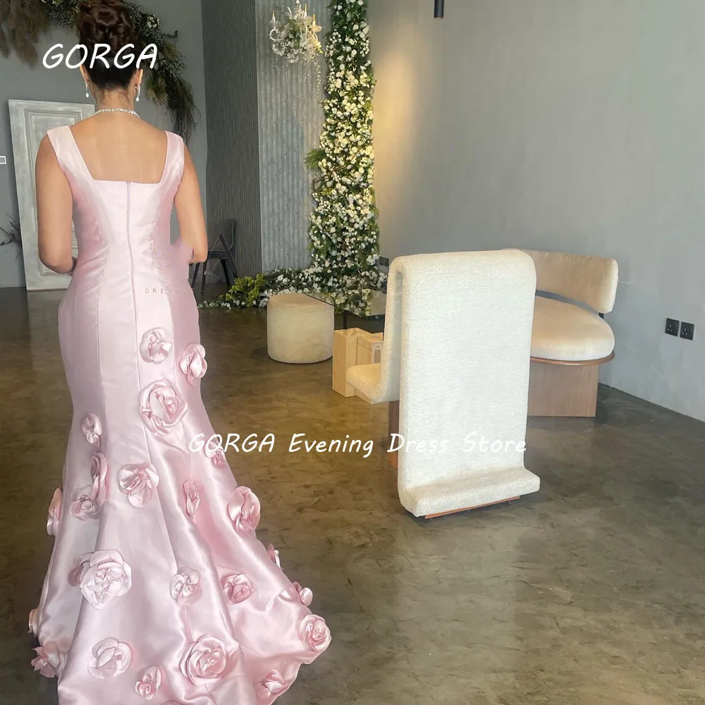 GORGA Pink Square 3D Flowers Appliques Evening Dresses Saudi Arabia Satin Mermaid Formal Occasion Dress Floor-Length Party Gown