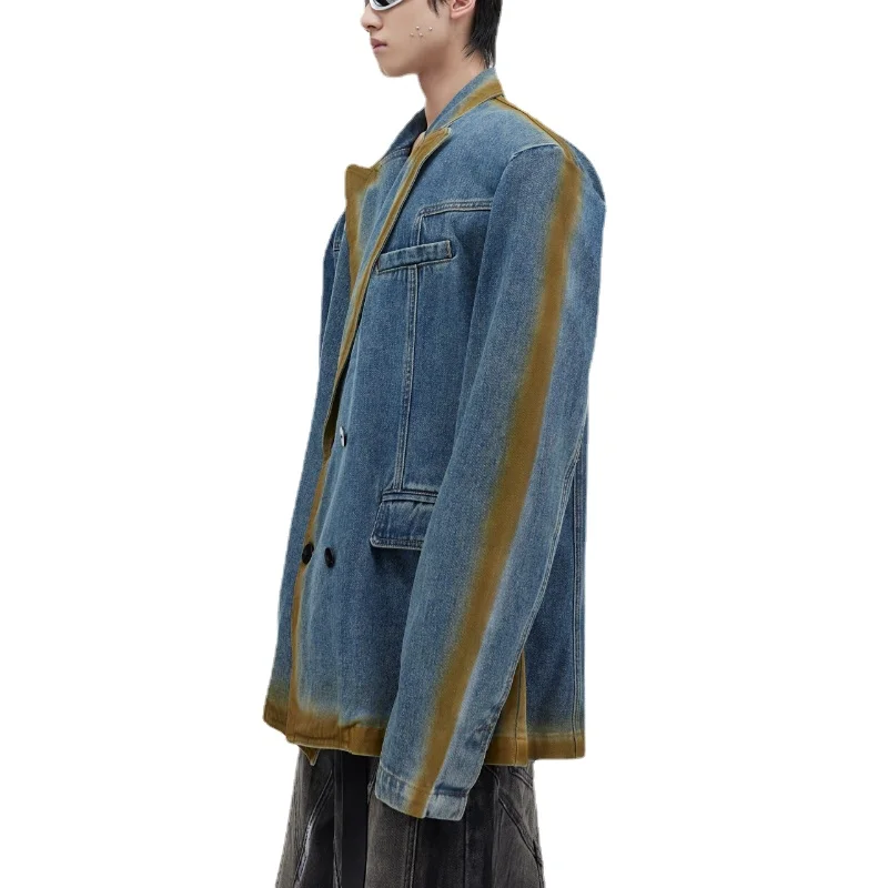 Avant-Garde Style Niche Retro Washed Gradient Color Line Design Padded Shoulder Denim Suit Jacket Coat for Men