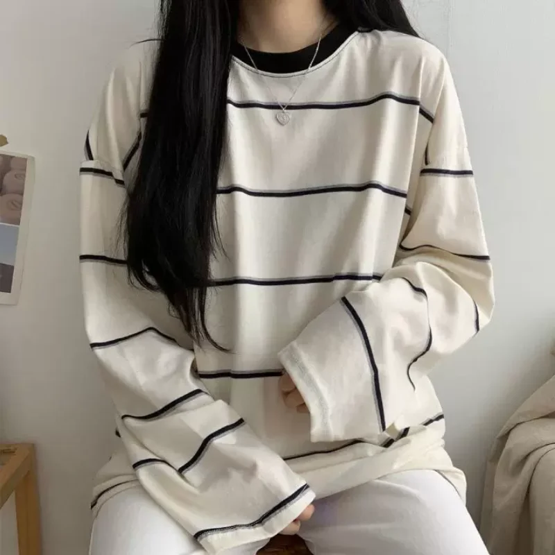 

Spring/Autumn Leisure Commuting Women's Striped Long Sleeve T-shirt Korean Style Spicy Girl Striped Round Neck Women's Top
