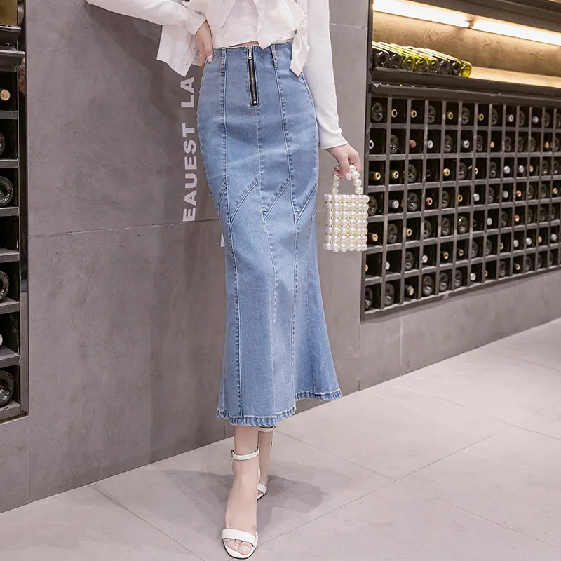 All-match Lady Mermaid Elegant Temperament Denim Skirt Women Fishtail High Stretch Zipper Hip Slim Midi Long Jean Skirts Spring