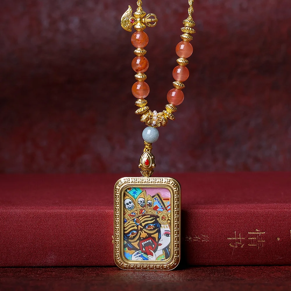 New titanium steel hand-painted gold zakiram thangka colour-preserving plating pendant southern red agate necklace jumper chain