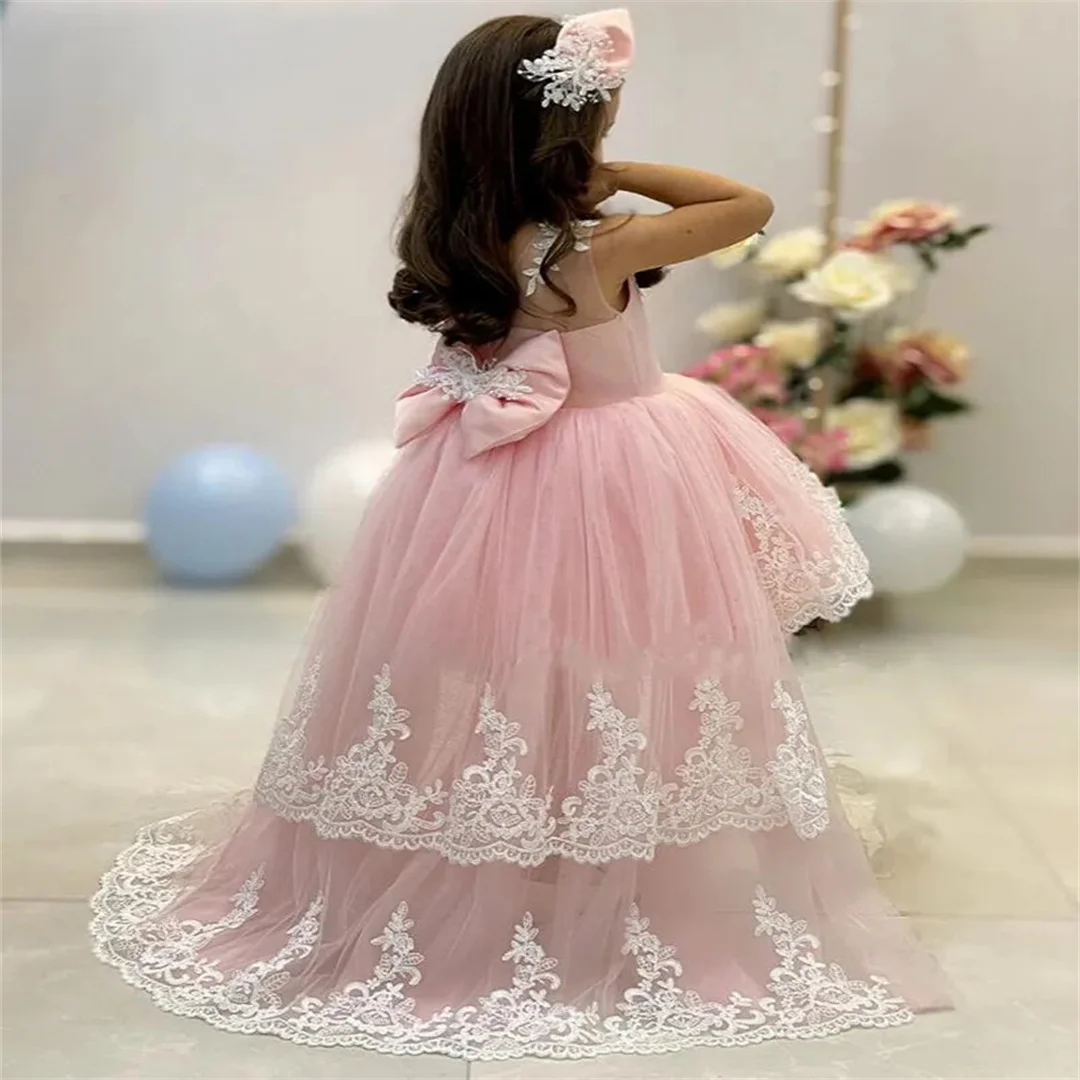 Apliques de encaje rosa para niños, vestidos de flores para niñas, cuello redondo, lazo sin mangas, tul escalonado, cumpleaños, graduación, vestidos de boda con tren