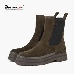 Donna-in Natural Suede Chelsea Boots for Women Round Toe Platform Boots Stylish beaded Slip-on Real Leather Ankle Boots Handmade