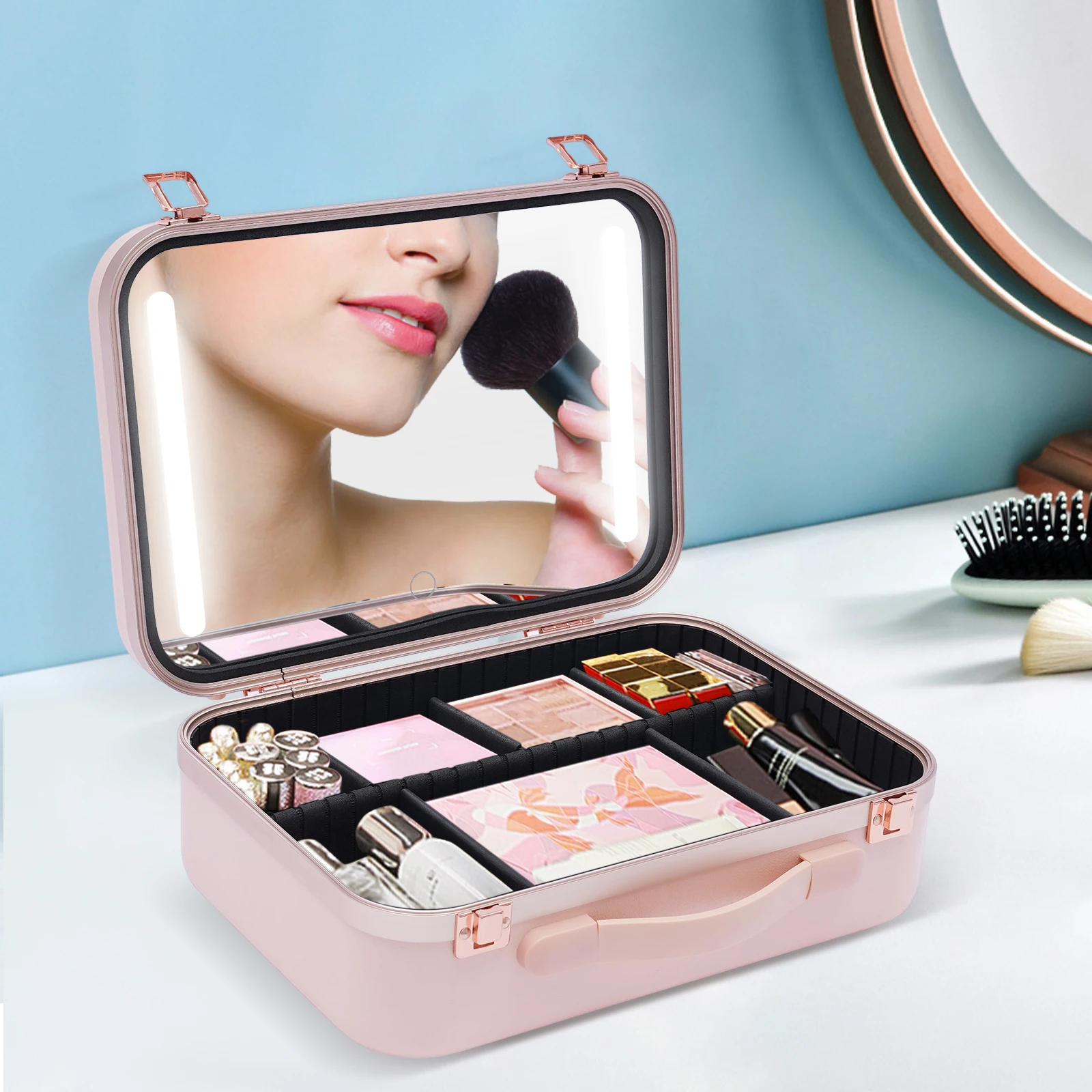 Pink Makeup Training Case With Mirror LED Portable Cosmetic Bag Large-capacity Makeup Storage Box with Dividers