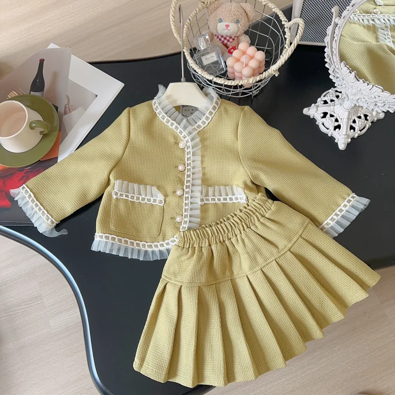 Children\'s Clothing Sets Lace Long Sleeve Coat + Pleated Skirt 2pcs Kids Clothes Girls Outfit Sets 2 To 7 Years Toddler Clothes