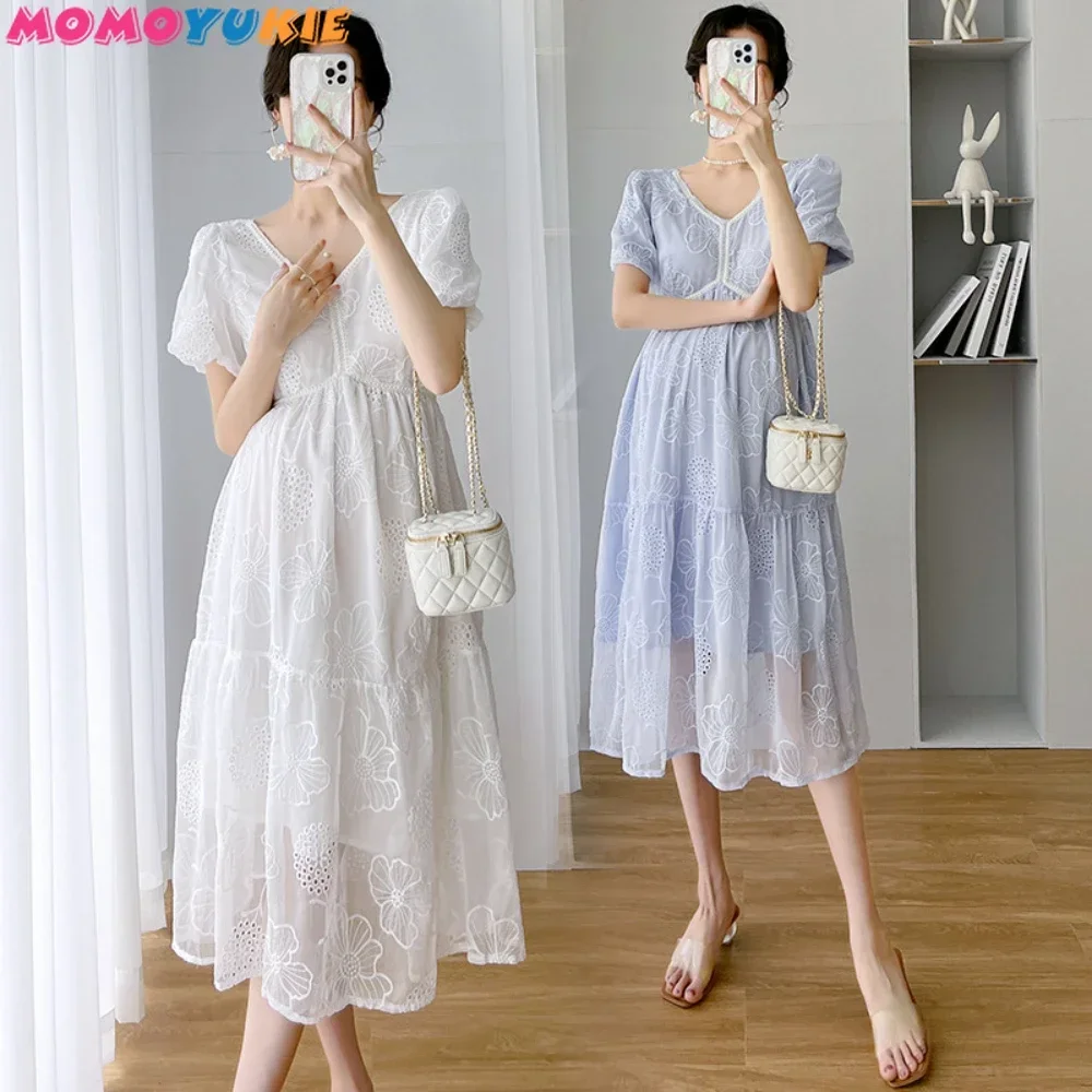 

Korean Maternity Dresses For Pregnant Women Cute Elegant Lace High Waist Cover Belly Hollow Out Vestidos Pregnancy Clothes