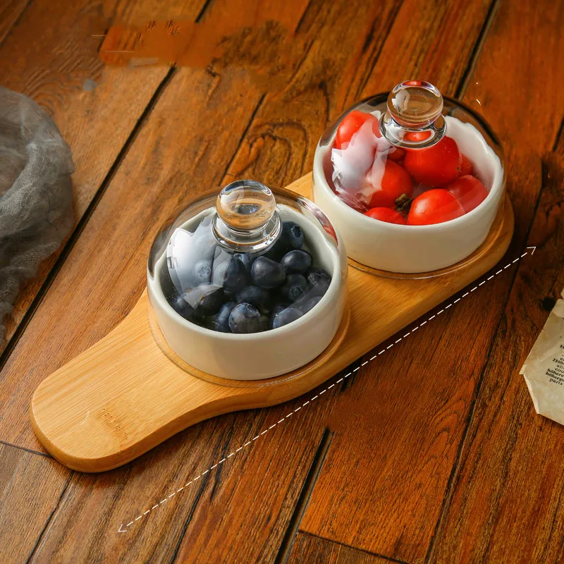 Ceramic Divided Grid Baking Bowl Glass Cover Plate Snack Trays Tableware Living Room Dried Fruit Plate Dessert Platter