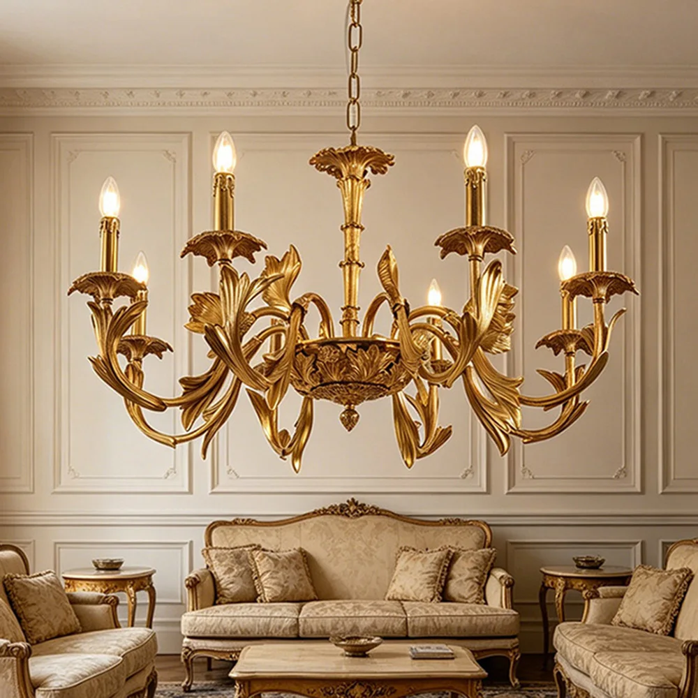 French Style All Copper Chandelier Retro Candle Ceiling Light for Living Room Bedroom