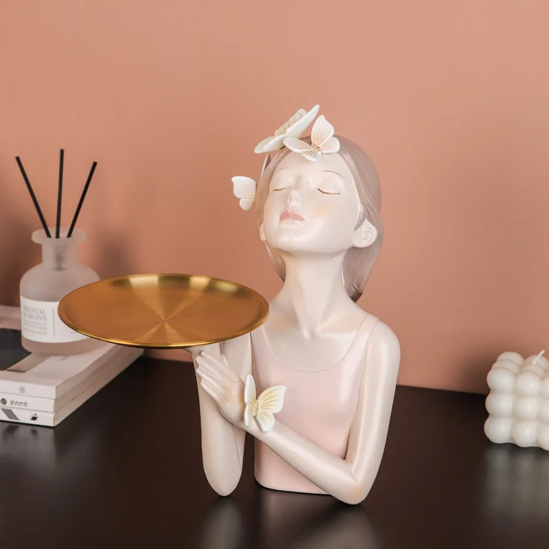 Stylish Butterfly Fairy Bust Sculpture With Round Tray, Creative Resin Desktop Statues, Elegant Pink Characters Figure,Nice Gift