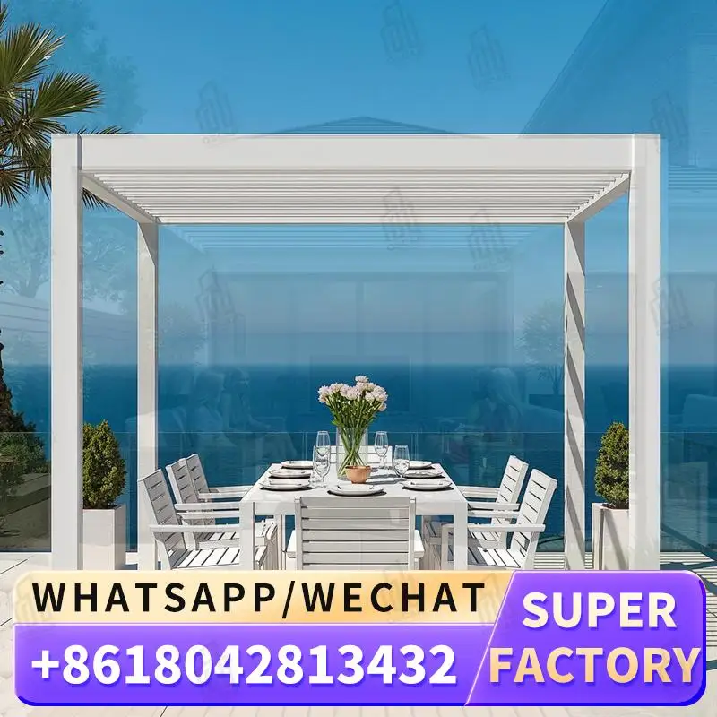 

Outdoor Motorized Opening Louver Roof Sun Shade Aluminium Structure With RGB Light For Garden Patio Backyard pergola