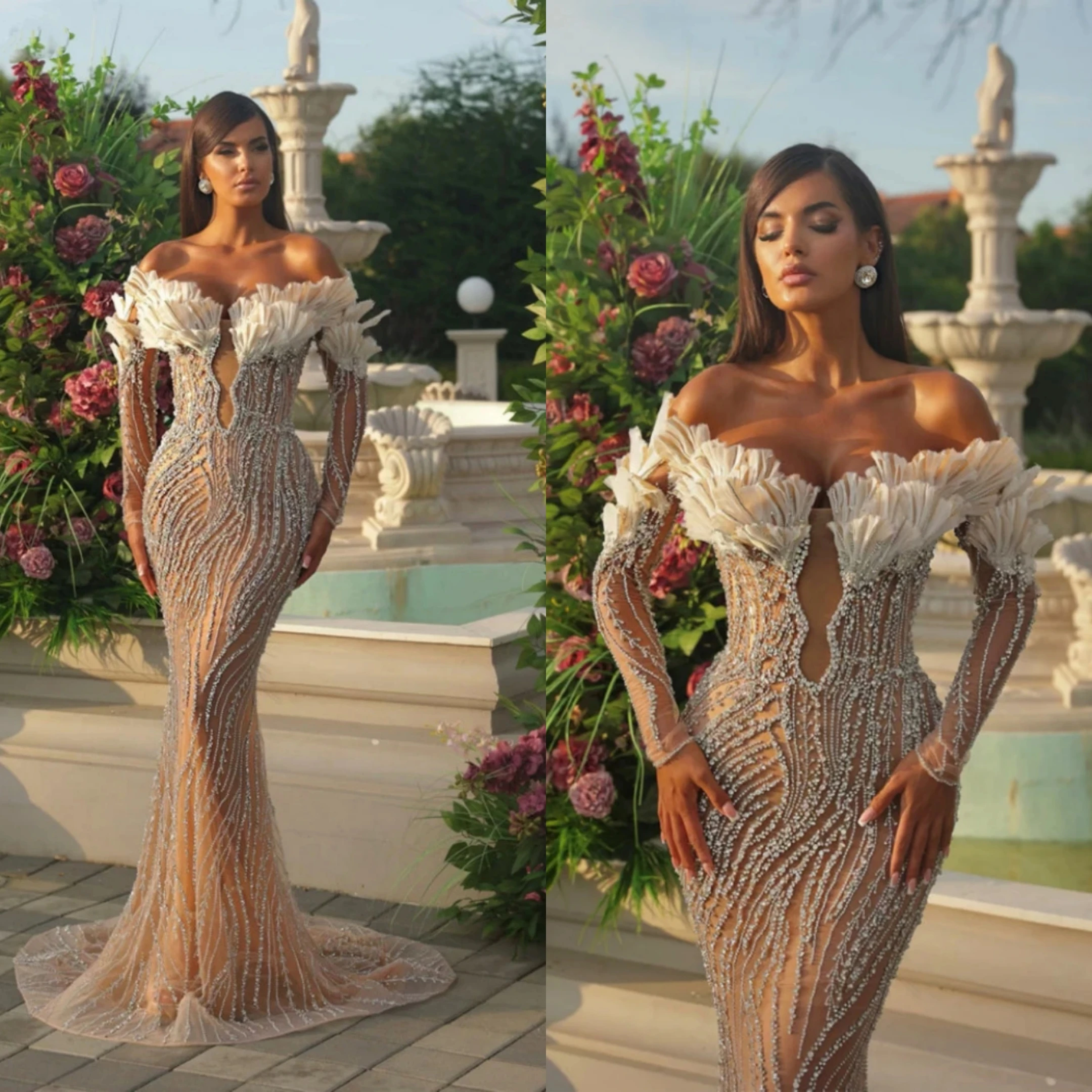 

Luxury Mermaid Wedding Dresses For Women Sequins Off Shoulder Bridal Gown Slim Fit Sweep Train Long Sleeves Dress Custom Made