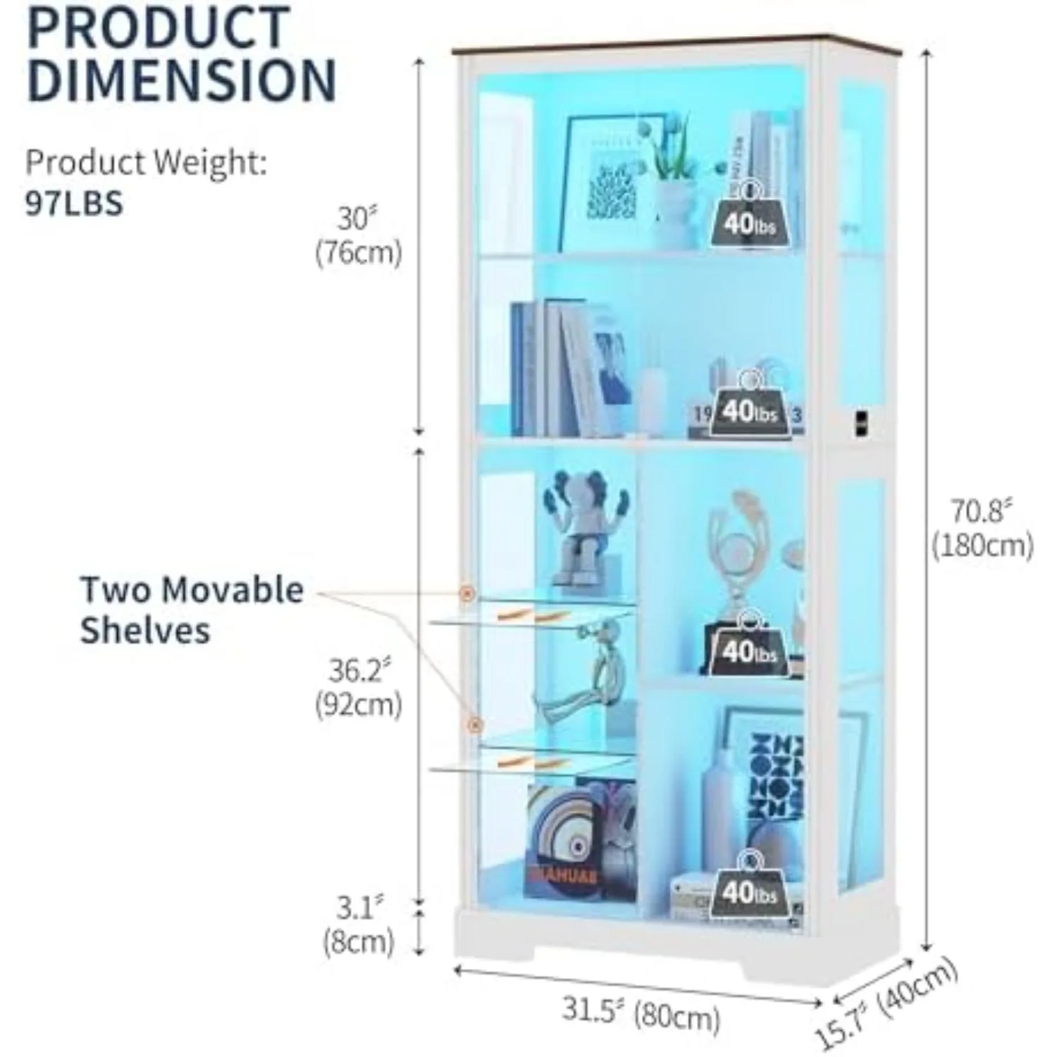 71'' Display Cabinet with 5-Tier and 3 Color Lights for Collectibles,White | Curio Cabinet with Removable Glass Shelf