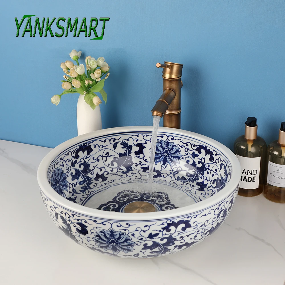 YANKSMART Round Ceramic Vessel Sink Faucet Combo Kit Blue and White Porcelain Above Counter Sinks Vanity Tap W/ Pop-up Drain