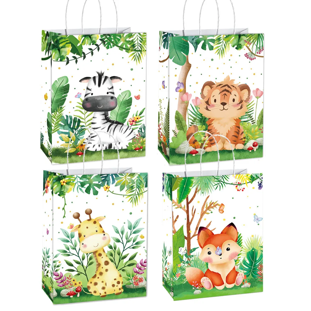 10-49pcs Cartoon Jungle Animals Gift Handbag Zebra Tiger Giraffe Fox Candy Package Jungle Theme Birthday Party Decor Supplies