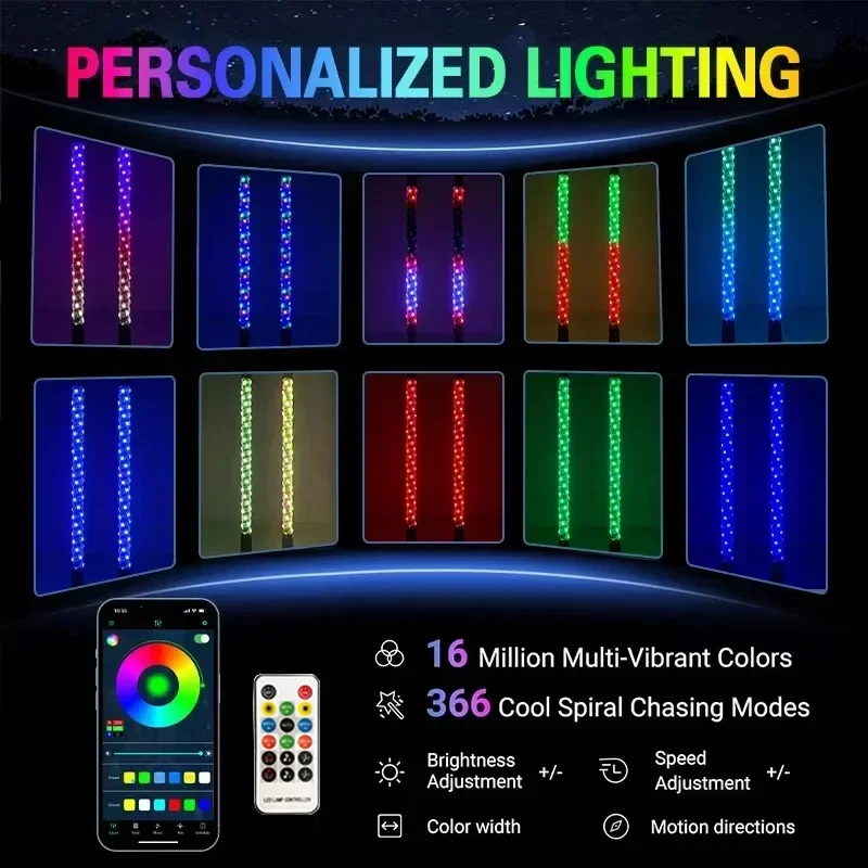 2PCS 3FT/90cm LED Whip Light RGB LED Flagpole Lamp Multicolor Waterproof Buggy Whip 12V for Offroad Sand Rails/Buggies ATV/UTV