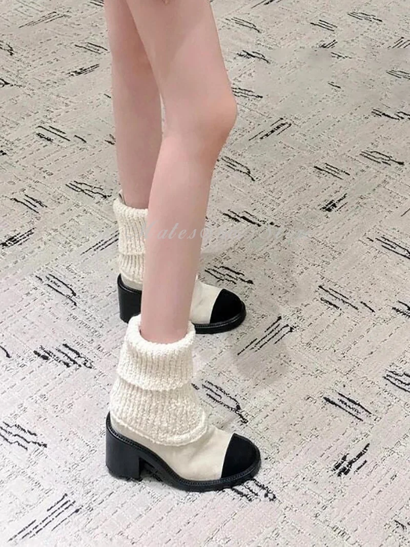 Botas modernas con costuras de punto blanco para mujer, botas coreanas de tacón alto grueso de cuero genuino, botas de nieve cómodas y cálidas a media pantorrilla