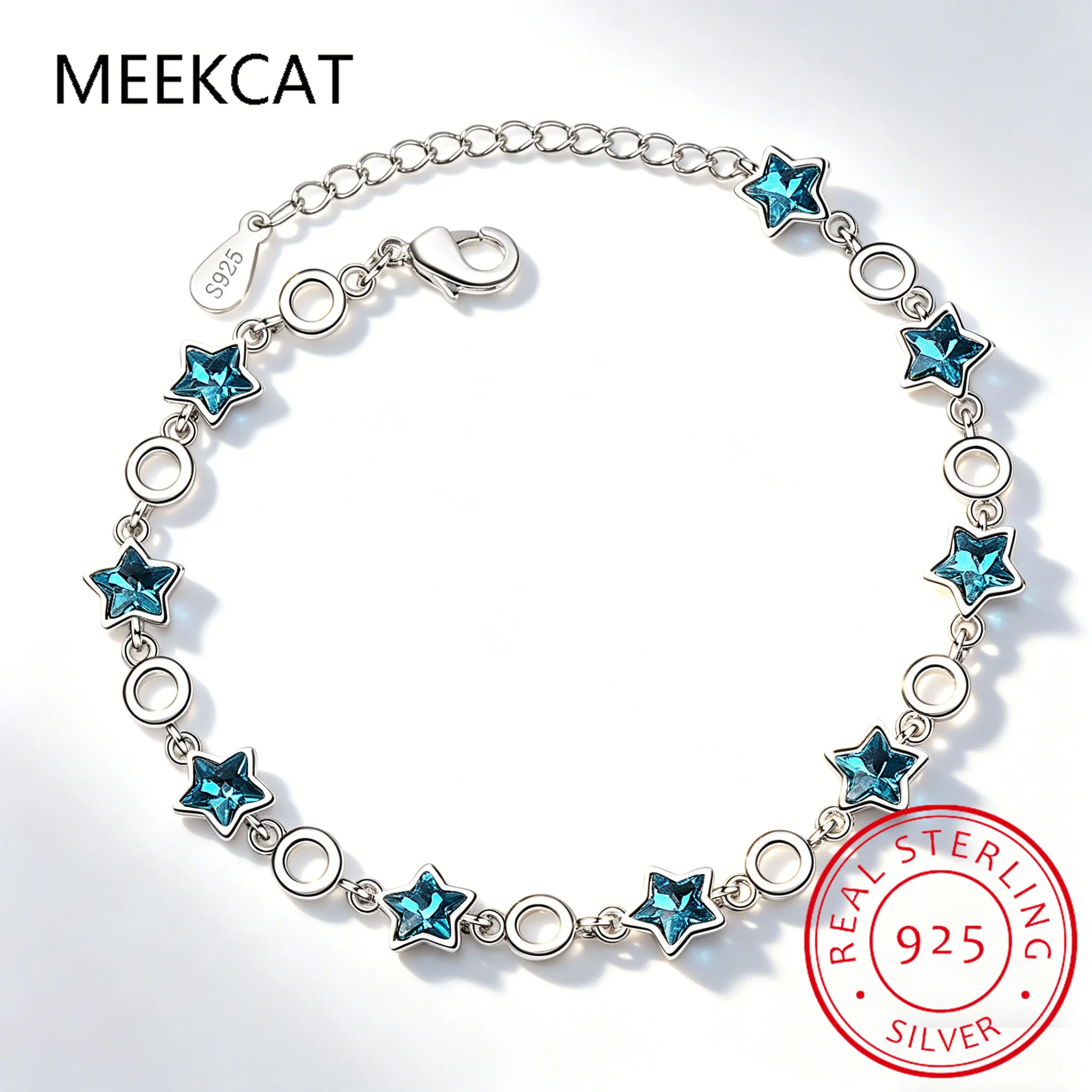 Created Blue Sapphire 925 Sterling Silver Stackable Star Bracelet for Women Statement Gemstone Wedding Jewelry Pulseira De Prata