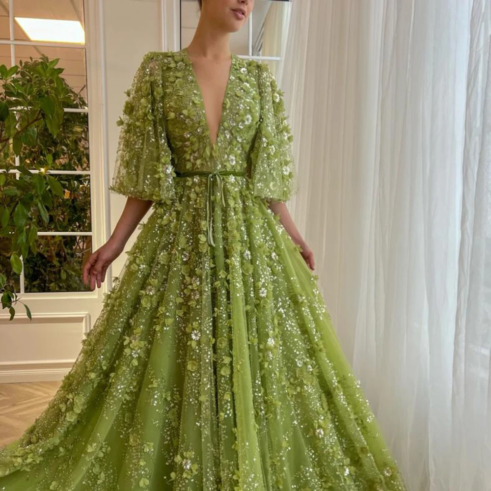 Green 3D Flowers Evening Dresses for Women Gorgeous V-Neck Sequined Draped A-Line Prom Gowns Chic Sweep Train Party Dresses