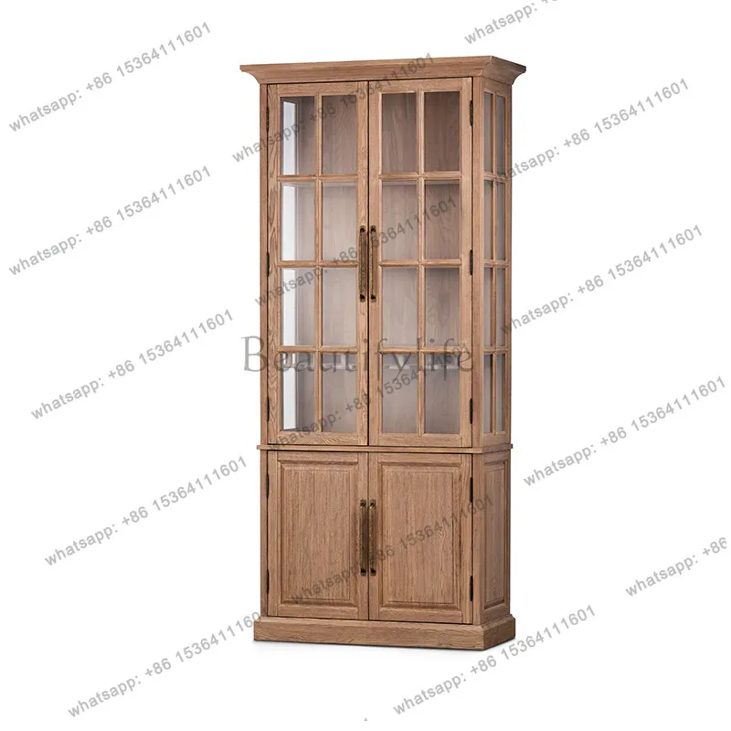 Solid wood vertical cabinet Nordic wabi sabi antique glass window side cabinet