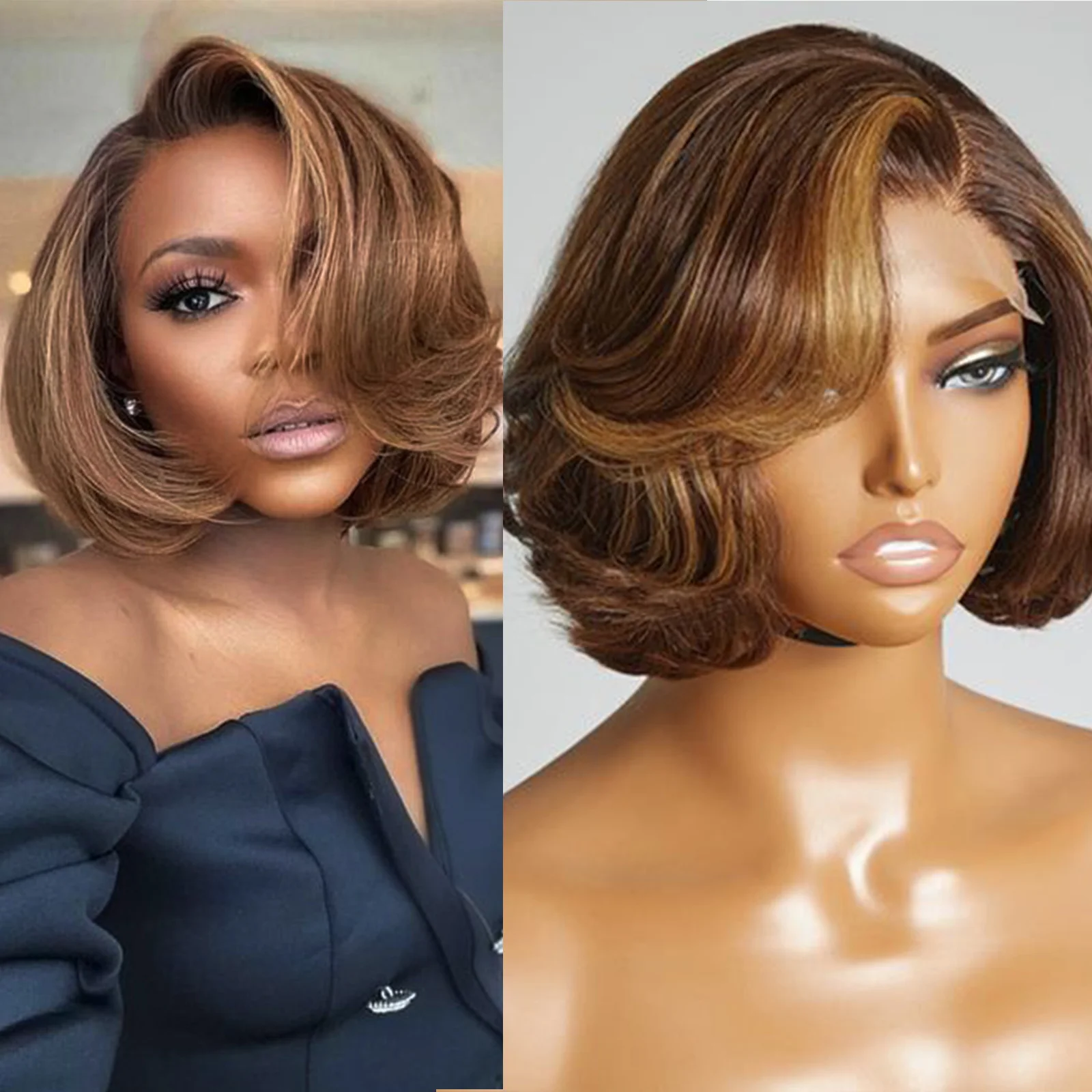 

Toffee Brown Mix Blonde Glueless 4x4 HD Lace Closure Bob Wig Human Hair Pre Cut PrePlucked Side Part Short Bob Wig Ready To Go