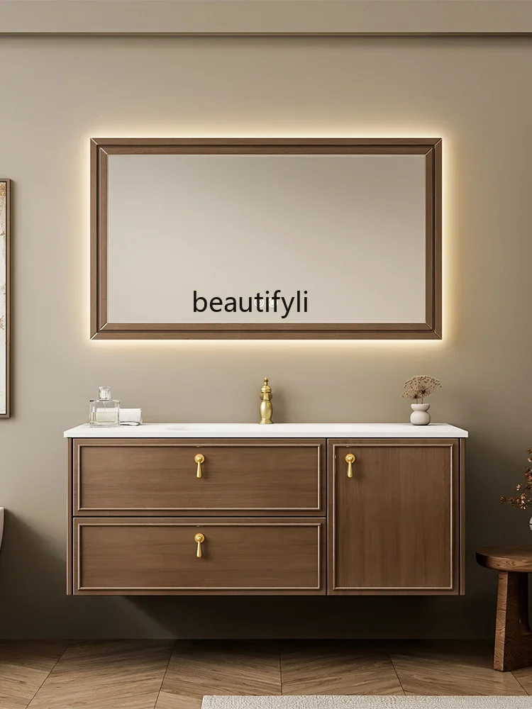 

Solid Wood Paint Vintage Bathroom Cabinet Stone Plate Hot Bending Integrated Ceramic Basin Wash Inter-Platform Basin