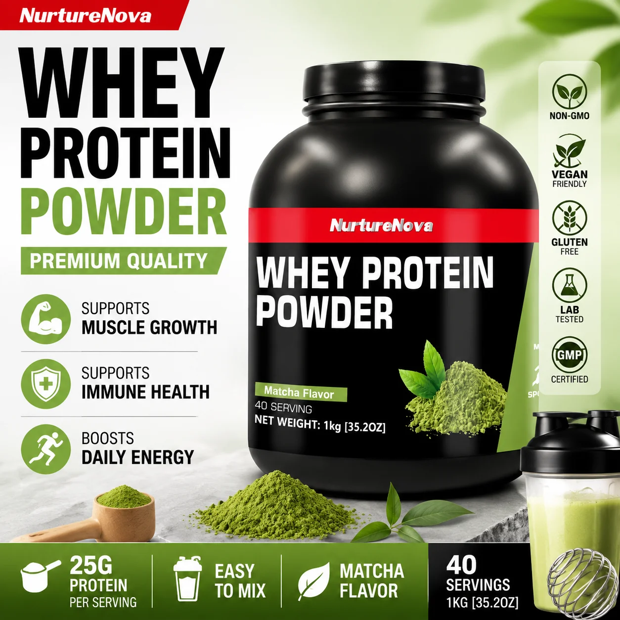 NurtureNova Whey Protein Powder 40 Servings, Protein Drink Mix for Adults, Chocolate Matcha Strawberry Flavor Daily Nutrition