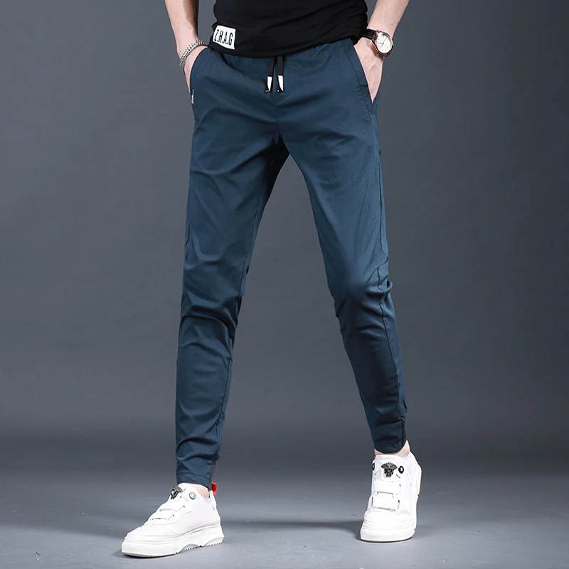 Men\'s Slim Fit Elastic Waist Black Pencil Pants Summer Fashion Casual Sport Drawstring Jogging Trousers