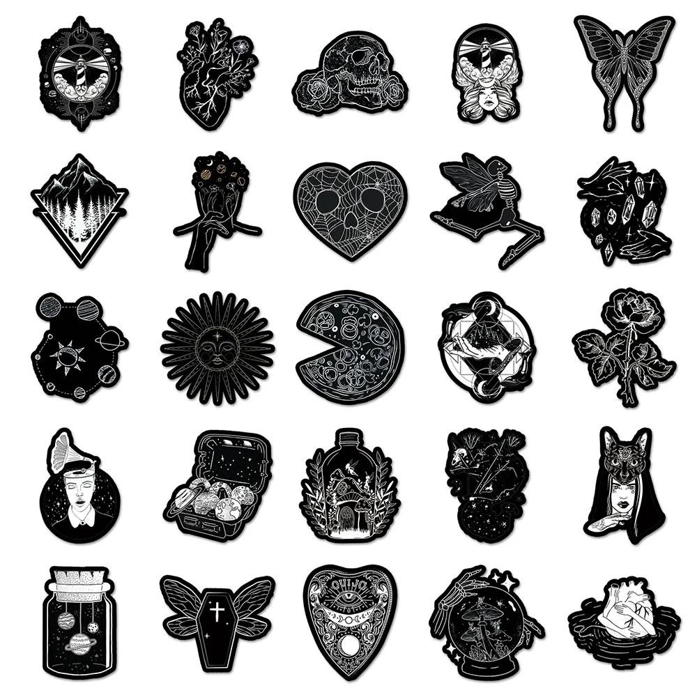 10/30/50 pçs horror escuro preto branco gótico crânio graffiti adesivos diy portátil bagagem capacete legal dos desenhos animados decalques à prova dwaterproof água brinquedos