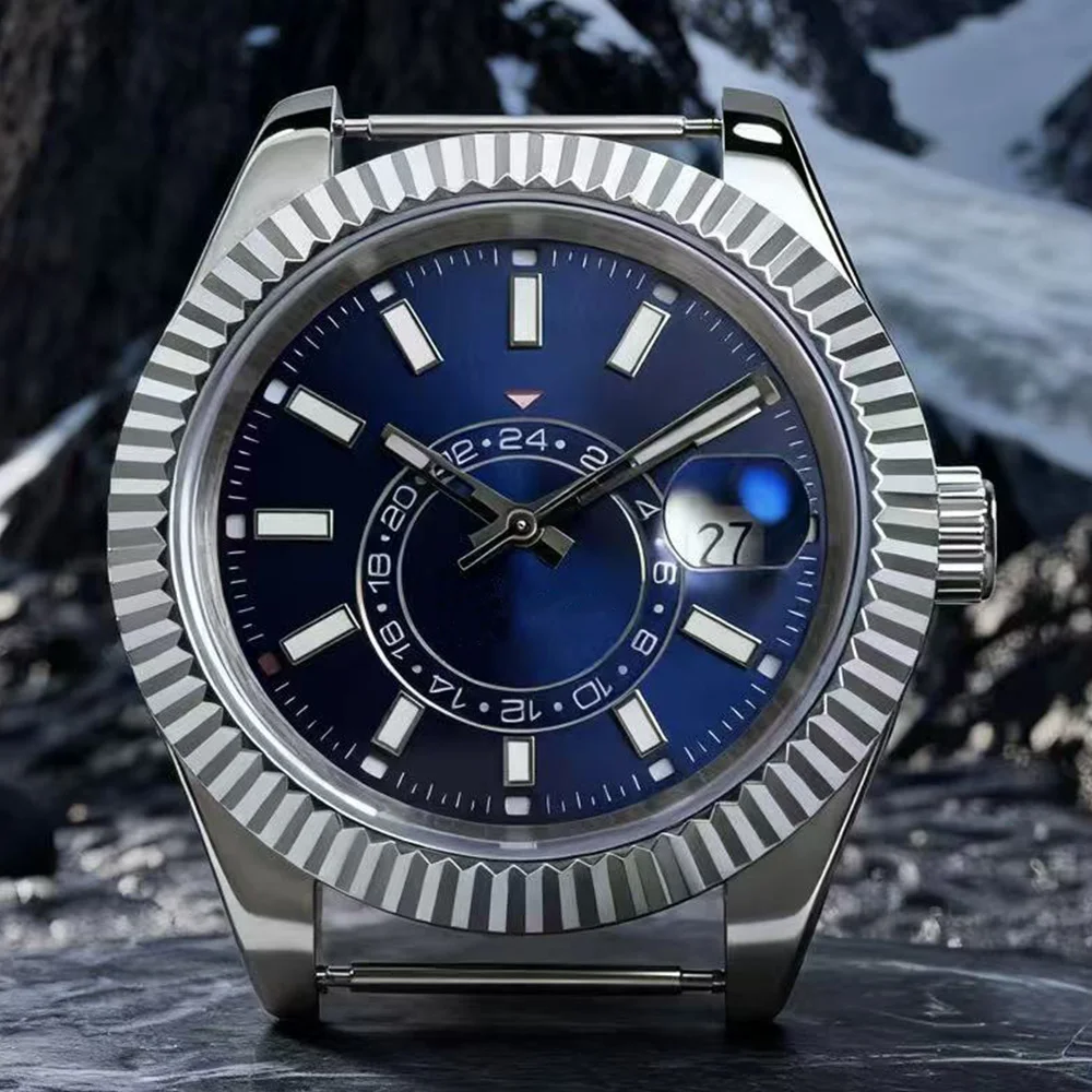 39mm Gerillte Silberne Herren-Armbanduhr mit Datum und Kalender, Saphirglas, Luxuriöse Mechanische Stahl-Wasserdichte Uhr