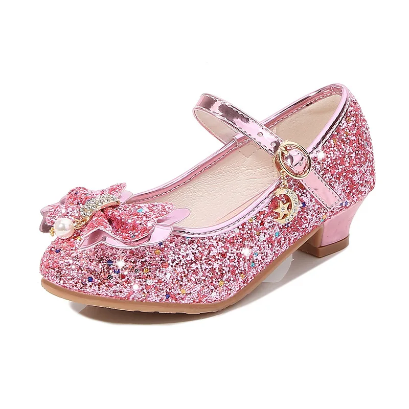 

New Toddler Girls Leather Shoes High Heels Rhinestone Bow Little Princess Crystal Shoes Sequined Children's Party Wedding Shoes