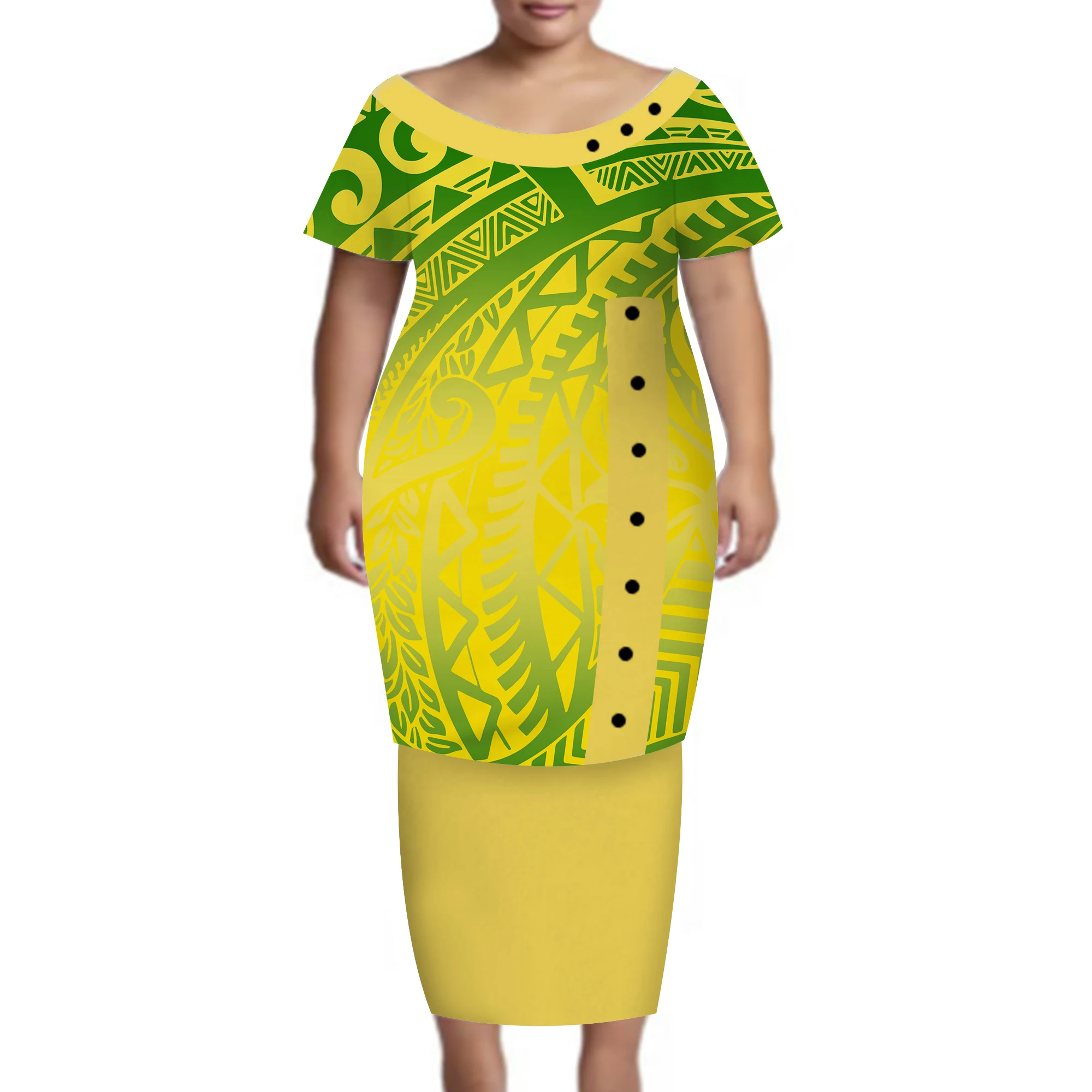 Wholesale Price Custom Hawaii Print Samoan Puletasi Button Dress Big Size Ladies Maxi Short Sleeve Dress Fji Dress 2 Piece Set
