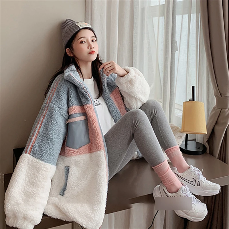 European And American Zippered Hoodie Women's Loose Plush Blue Pink Patchwork Lamb Wool Standing Collar Hoodie Jacket