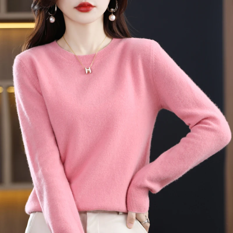 100% Merino Pure Wool Sweater 2024New Women's AutumnWinter Long Sleeved Solid Color Pullover Round Neck Basic Knitted Jumper Top