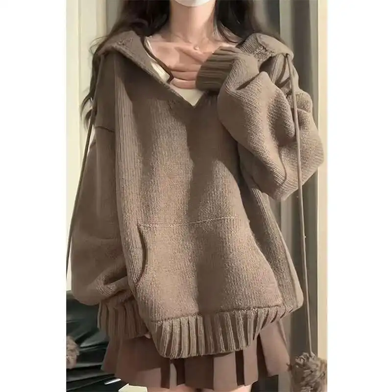 Women Autumn Winter Vintage Hooded Sweater Pullovers White Vest Mini Pleated Skirts Set Lady Casual Pompom Knit Top Skirt Outfit