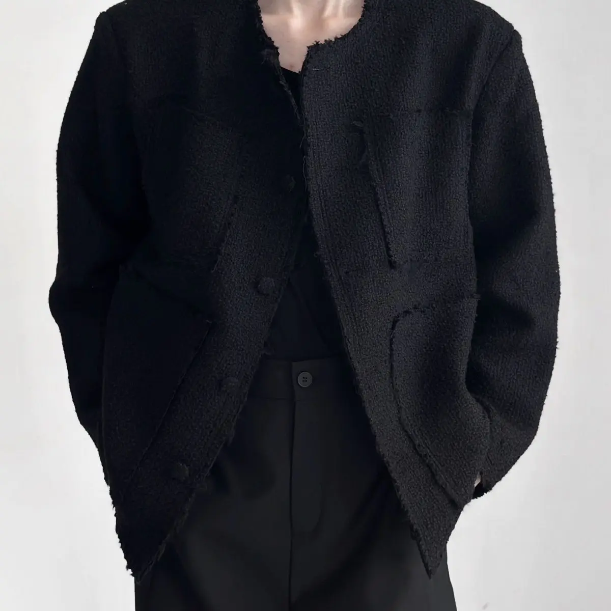 남성 럭셔리 4포켓 트위드 재킷 시크 스트리트웨어 로우 엣지 & 우븐 오버사이즈 블레이저 에지리 코리아 봄 가을 루즈핏 코트