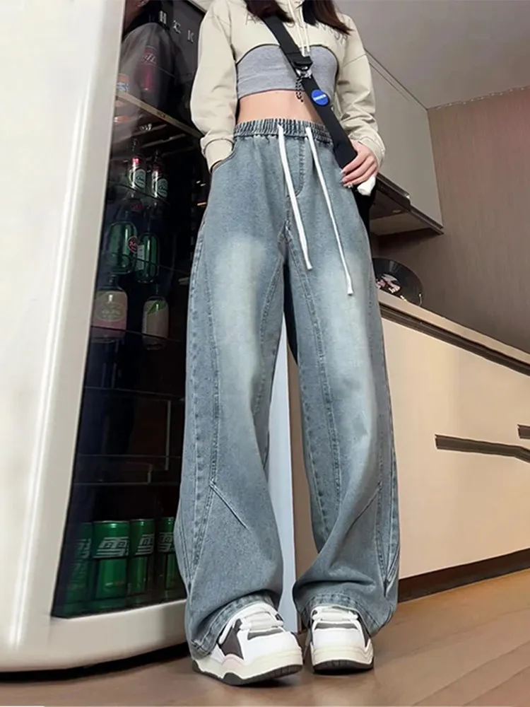 

American Sle Elastic Waist Dstring Wide Leg Denim Jeans Deconstructed Waed Women's Spring Autumn Straight Cut Trousers