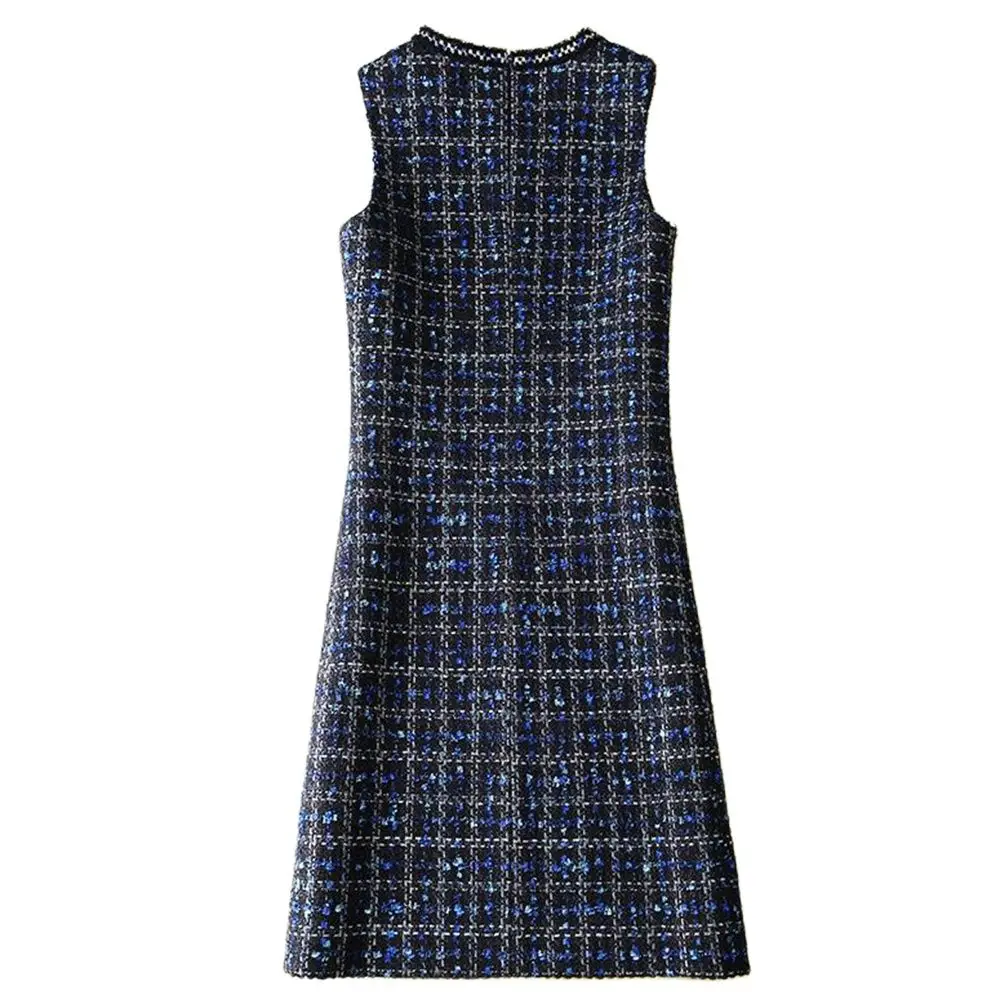 Spring Women Tweed Dresses Sleeveless O-Neck Plaid Classic Elegant Winter Dress Slim Vestido Hedging Long Woolen Robe M-4xl