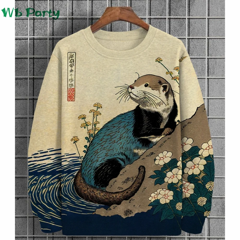 Ropa con estampado de animales para hombre, camiseta de manga larga con estampado 3D de Ukiyo-E, camisetas con gráficos de animales, ropa con cuello